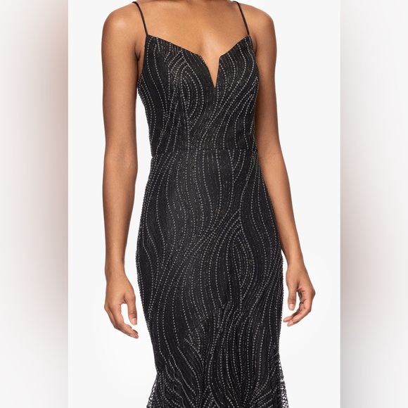 "ASHLYN" PUFF GLITTER FLOOR LENGTH TRUMPET DRESS - Picture 2 of 9